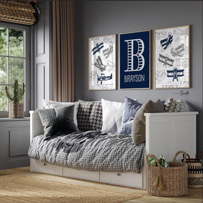 Airplane Nursery Art Prints: Boys Room Decor, Custom Monogram