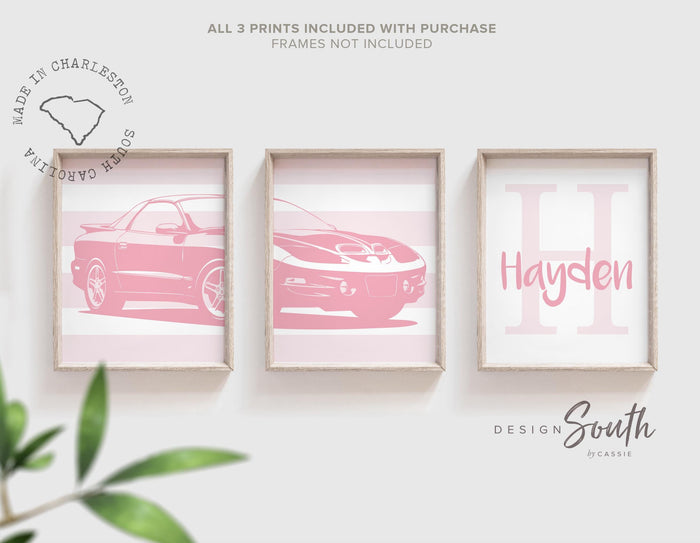 Pink Pontiac Trans Am Prints – Personalized Nursery Wall Art, Set of 3