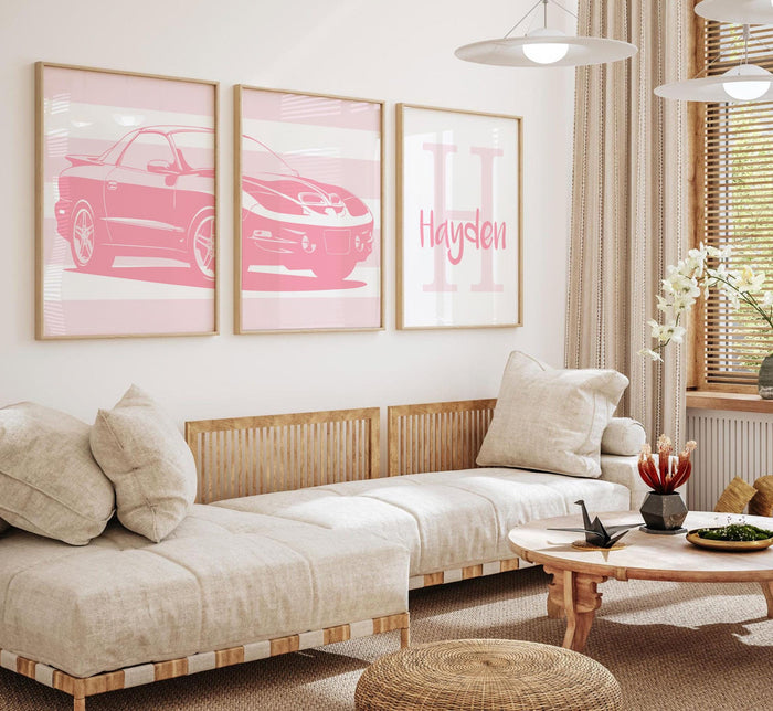 Pink Pontiac Trans Am Prints – Personalized Nursery Wall Art, Set of 3
