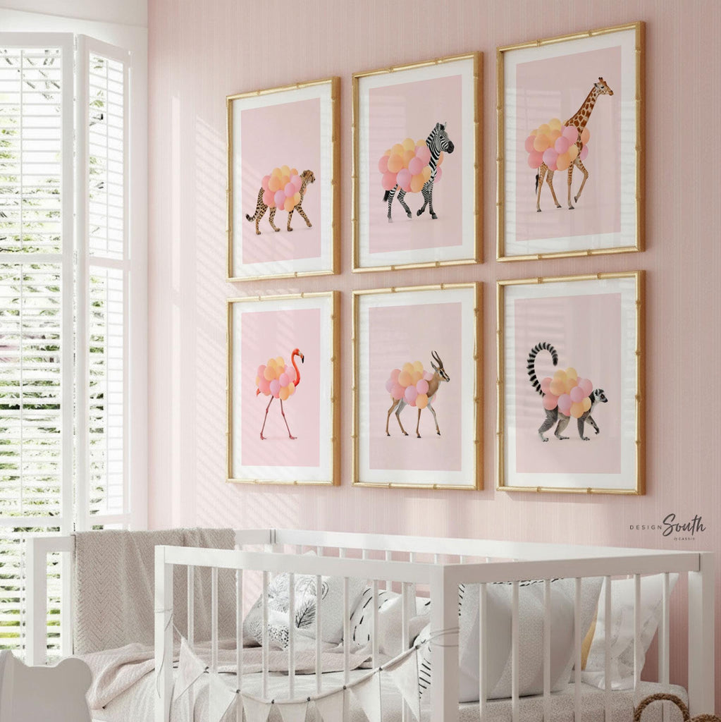Pink Safari Animal Wall Art Prints, Flamingo, Zebra, Giraffe, Cheetah, Antelope & Lemur with Balloons, Girl Nursery, Bedroom Playroom Décor