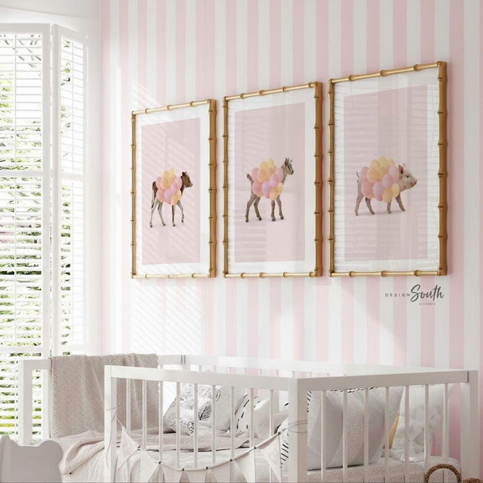 Farm Animal Nursery Prints – Pastel Pink Cow, Goat, Pig with Balloons