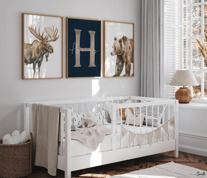Personalized Woodland Nursery Art: Watercolor Moose and Bear Prints (Set of 3)