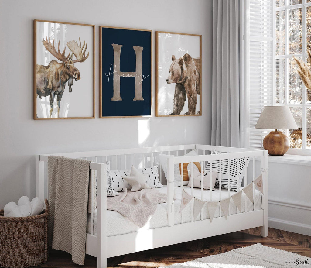 Personalized Woodland Nursery Art: Watercolor Moose and Bear Prints (Set of 3)