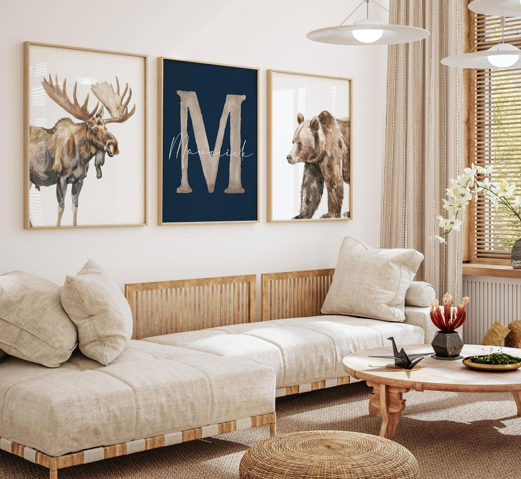 Personalized Woodland Nursery Art: Watercolor Moose and Bear Prints (Set of 3)