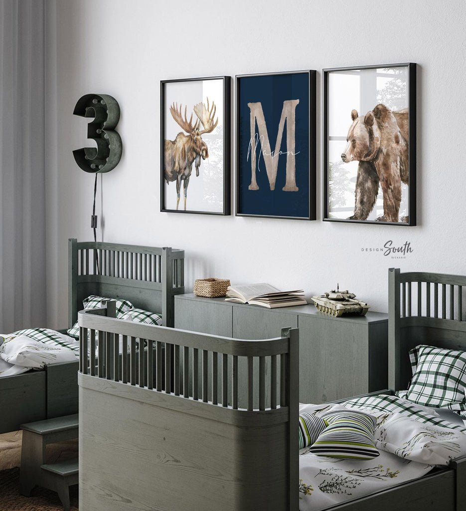 Personalized Woodland Nursery Art: Watercolor Moose and Bear Prints (Set of 3)