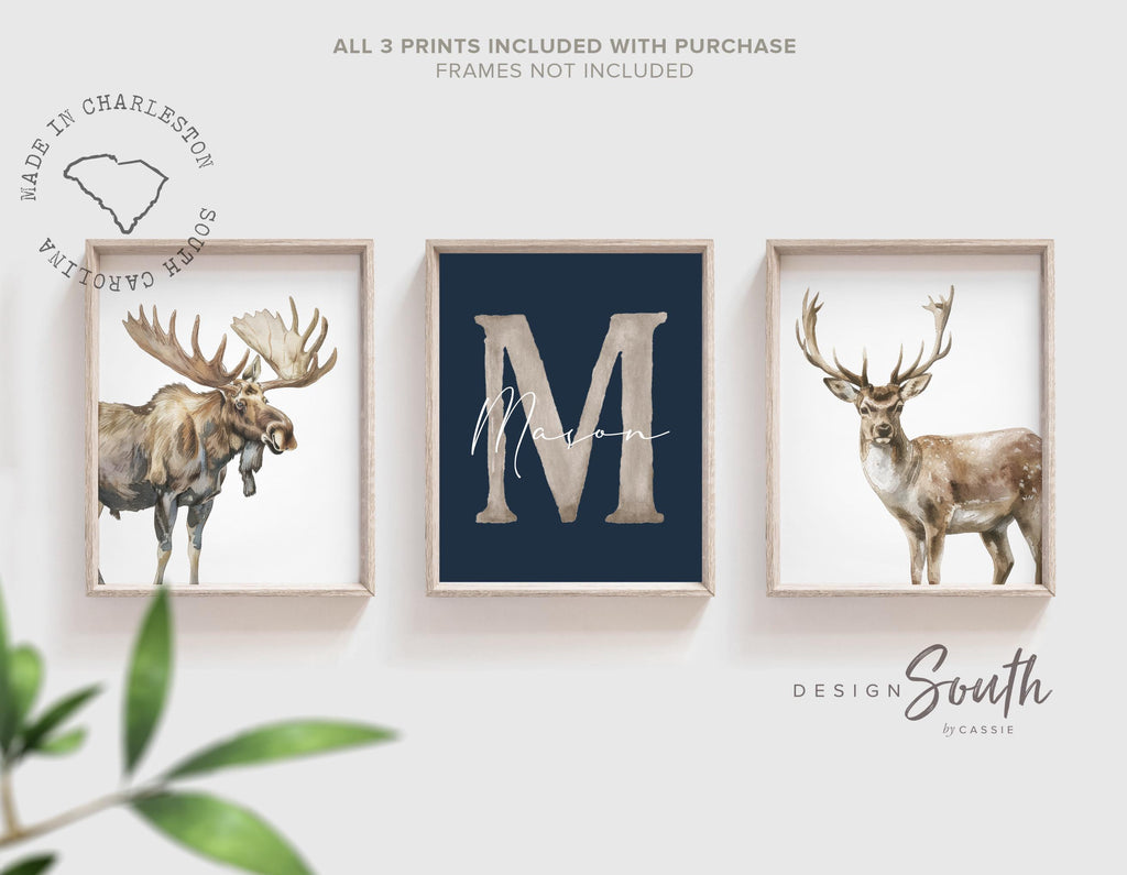 Personalized Woodland Nursery Art: Watercolor Moose and Deer Prints (Set of 3)