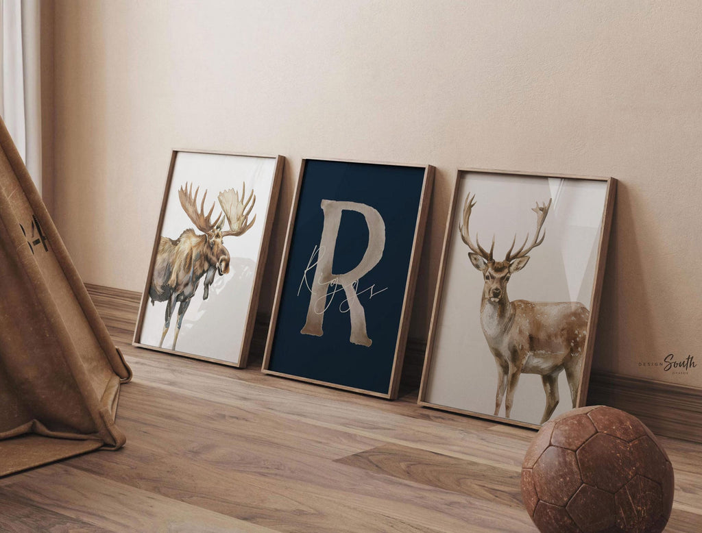 Personalized Woodland Nursery Art: Watercolor Moose and Deer Prints (Set of 3)