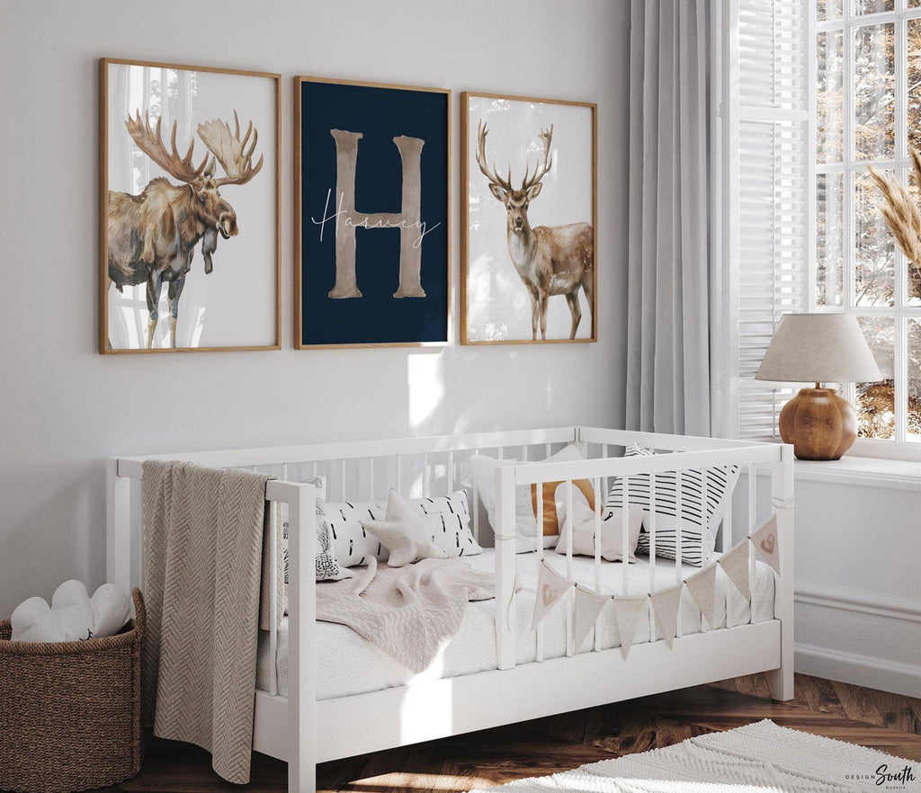 Personalized Woodland Nursery Art: Watercolor Moose and Deer Prints (Set of 3)
