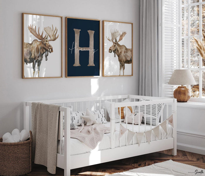 Personalized Moose Nursery Art: Watercolor Moose Prints, Rustic Boy Decor (Set of 3)