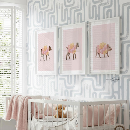 Farm Animal Nursery Prints – Pastel Pink Cow, Goat, Pig with Balloons