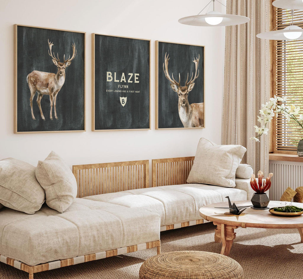 Personalized Woodland Buck Art Prints – Boys Hunting Nursery Decor – “Every Legend Has a First Hunt” Quote Set