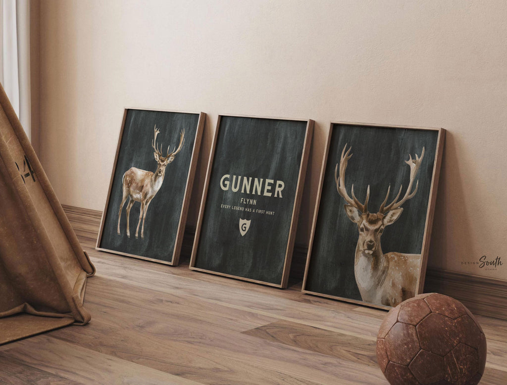 Personalized Woodland Buck Art Prints – Boys Hunting Nursery Decor – “Every Legend Has a First Hunt” Quote Set