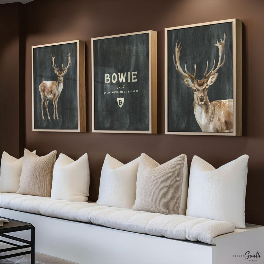 Personalized Woodland Buck Art Prints – Boys Hunting Nursery Decor – “Every Legend Has a First Hunt” Quote Set