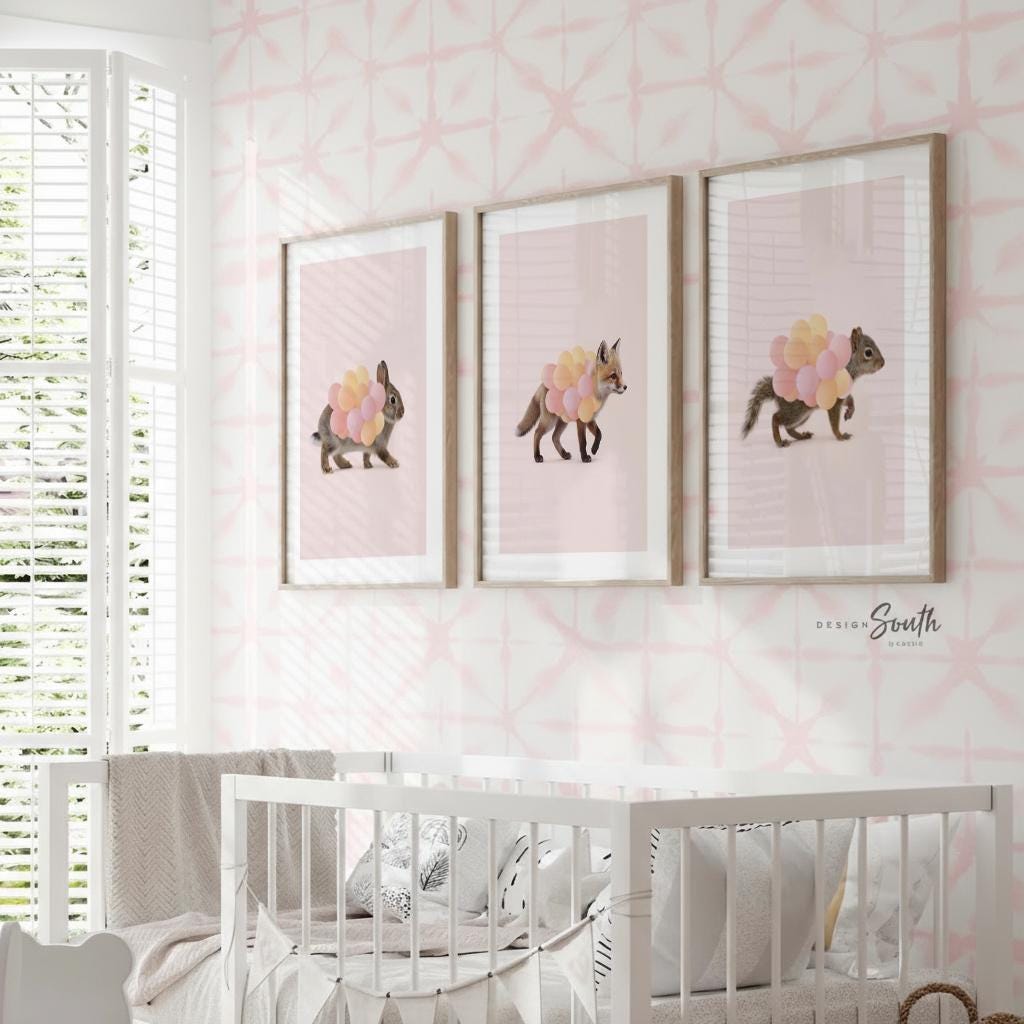 Woodland Animal Nursery Prints – Fox, Bunny & Squirrel with Pink Balloons – Set of 3 Girl Room Wall Art