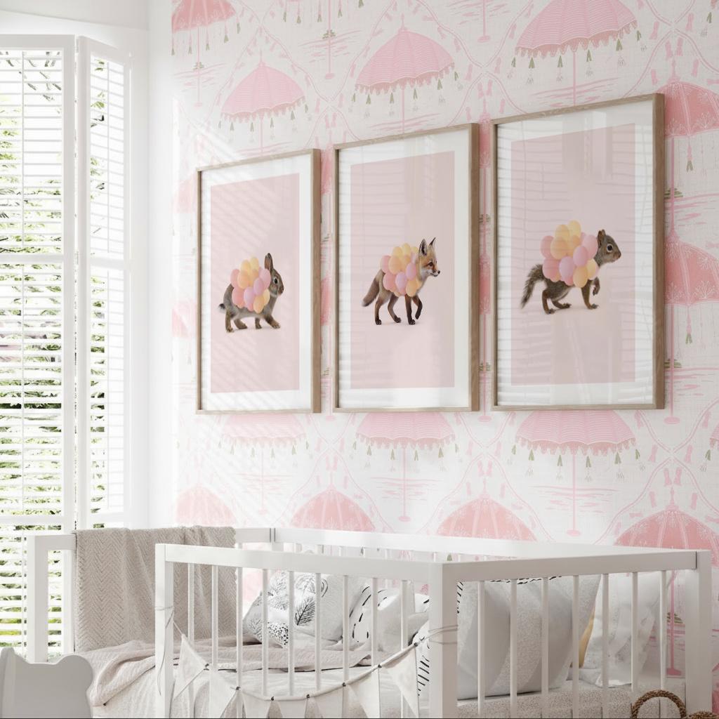 Woodland Animal Nursery Prints – Fox, Bunny & Squirrel with Pink Balloons – Set of 3 Girl Room Wall Art