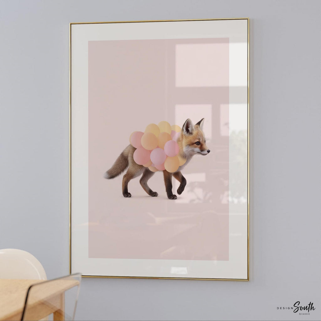 Woodland Animal Nursery Prints – Fox, Bunny & Squirrel with Pink Balloons – Set of 3 Girl Room Wall Art