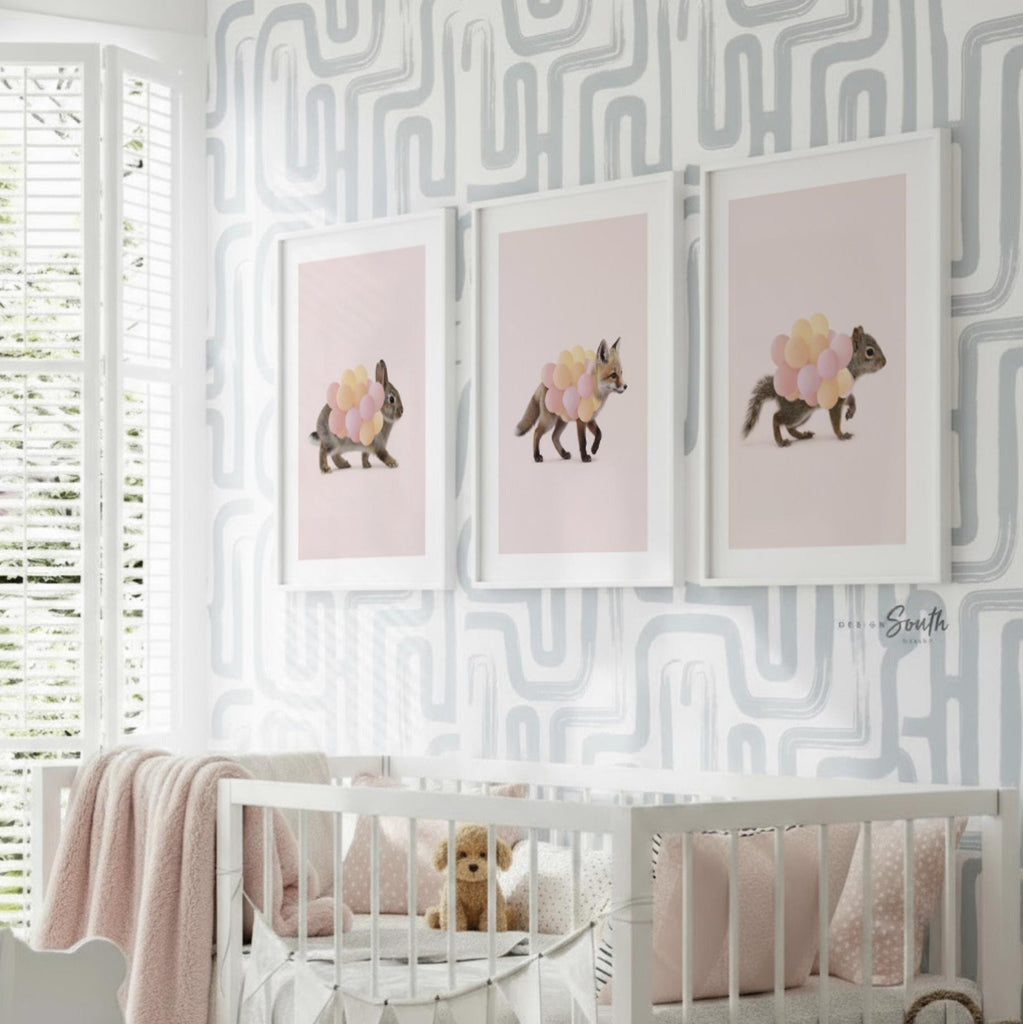 Woodland Animal Nursery Prints – Fox, Bunny & Squirrel with Pink Balloons – Set of 3 Girl Room Wall Art