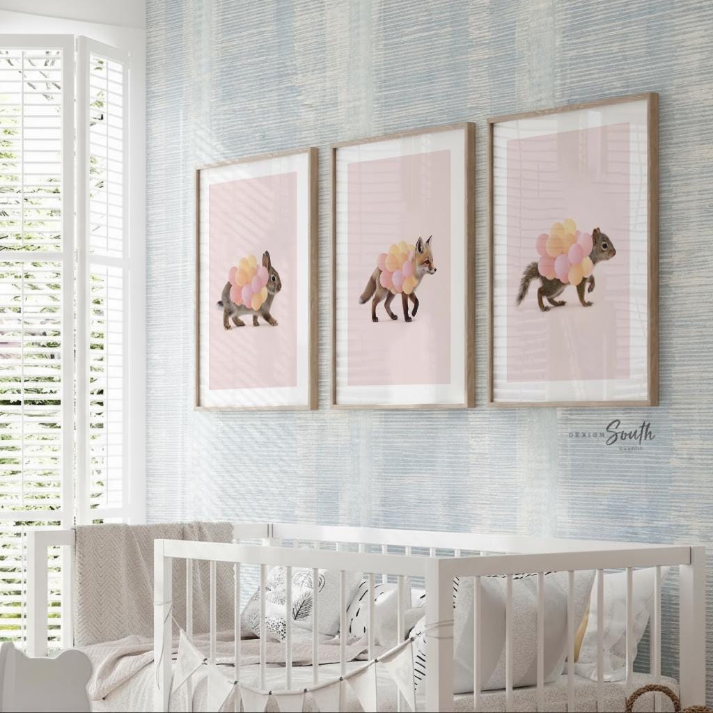 Woodland Animal Nursery Prints – Fox, Bunny & Squirrel with Pink Balloons – Set of 3 Girl Room Wall Art