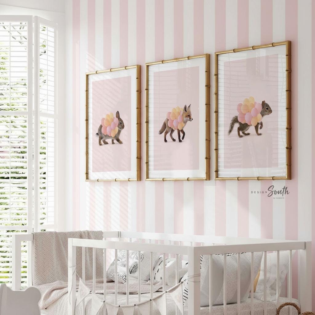 Woodland Animal Nursery Prints – Fox, Bunny & Squirrel with Pink Balloons – Set of 3 Girl Room Wall Art