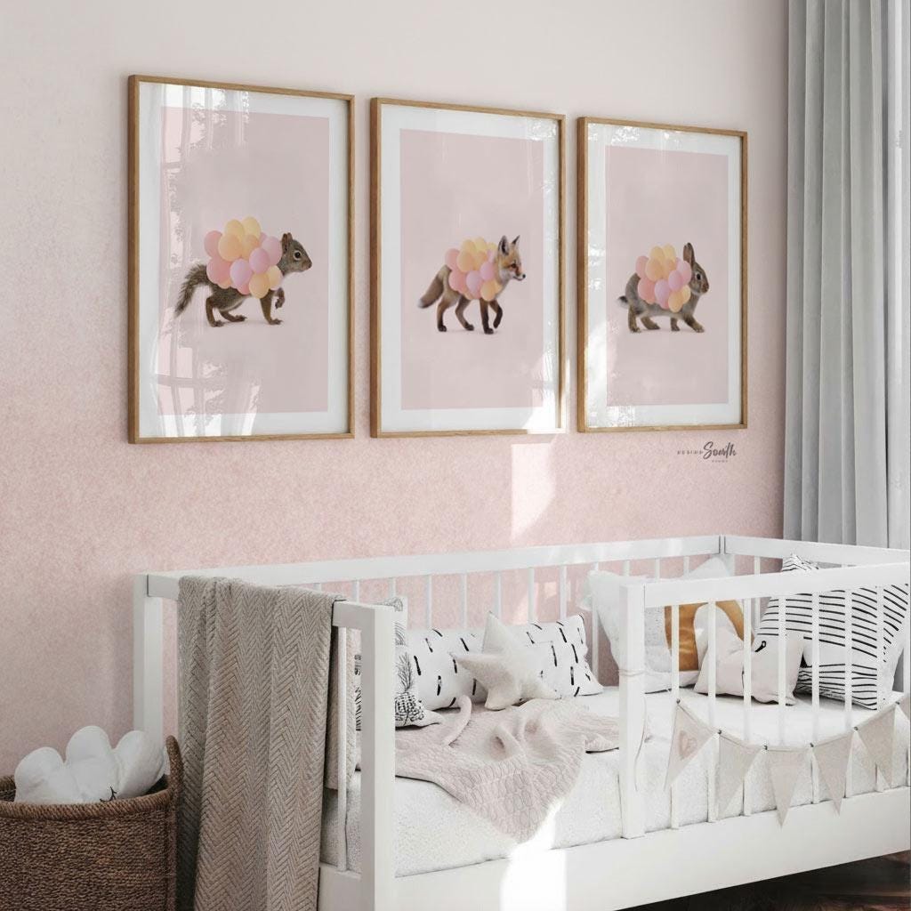 Woodland Animal Nursery Prints – Fox, Bunny & Squirrel with Pink Balloons – Set of 3 Girl Room Wall Art