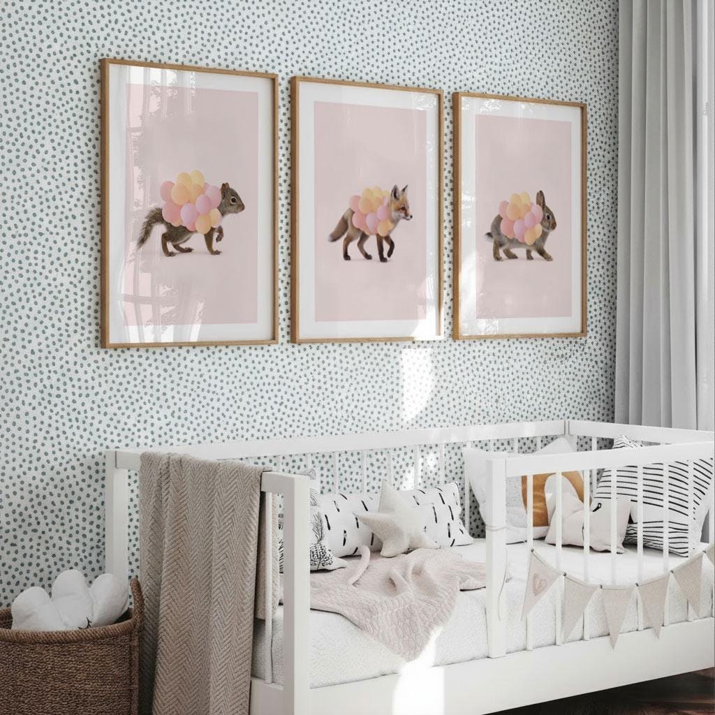 Woodland Animal Nursery Prints – Fox, Bunny & Squirrel with Pink Balloons – Set of 3 Girl Room Wall Art