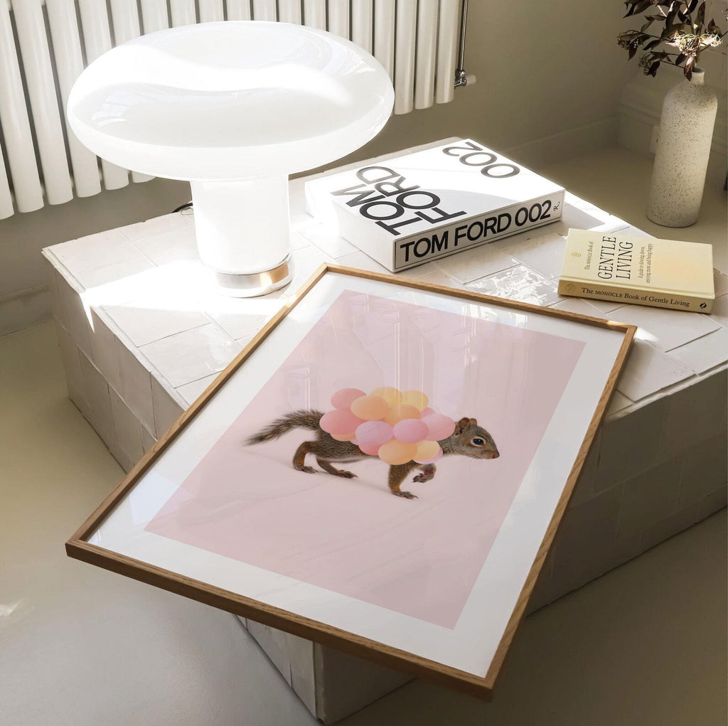 Woodland Animal Nursery Prints – Fox, Bunny & Squirrel with Pink Balloons – Set of 3 Girl Room Wall Art