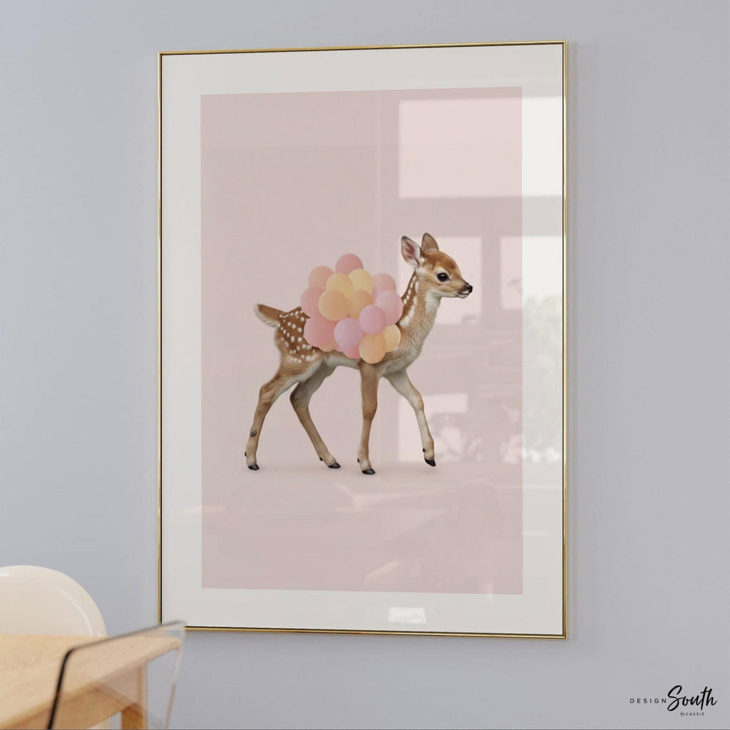 Chic Fawn Deer Wall Art Print – Baby Deer with Pink & Orange Balloons – Girl Nursery or Playroom Décor