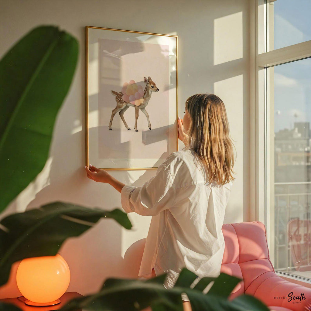 Chic Fawn Deer Wall Art Print – Baby Deer with Pink & Orange Balloons – Girl Nursery or Playroom Décor