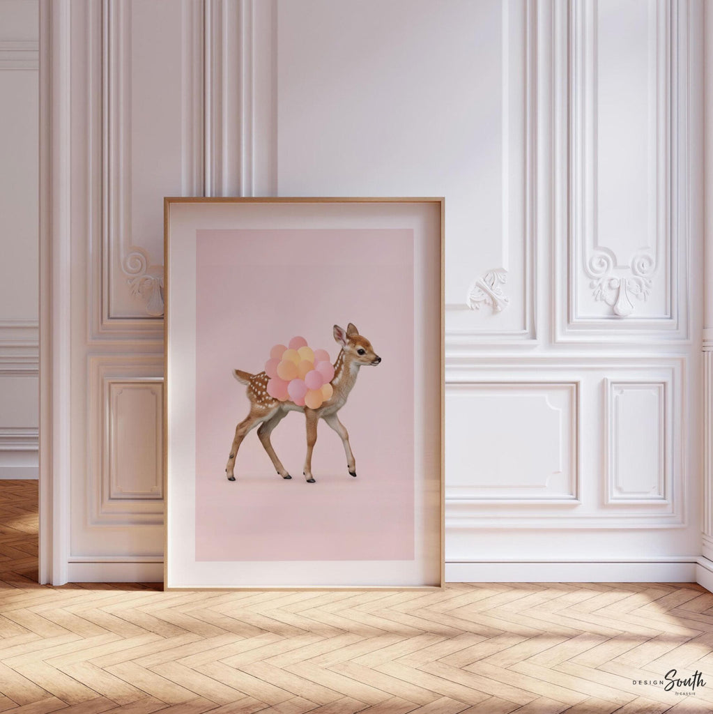 Chic Fawn Deer Wall Art Print – Baby Deer with Pink & Orange Balloons – Girl Nursery or Playroom Décor