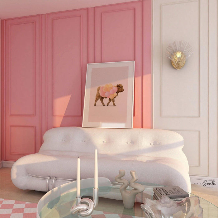 Chic Highland Cow Wall Art Print – Baby Cow with Pink & Orange Balloons – Girl Nursery or Playroom Décor