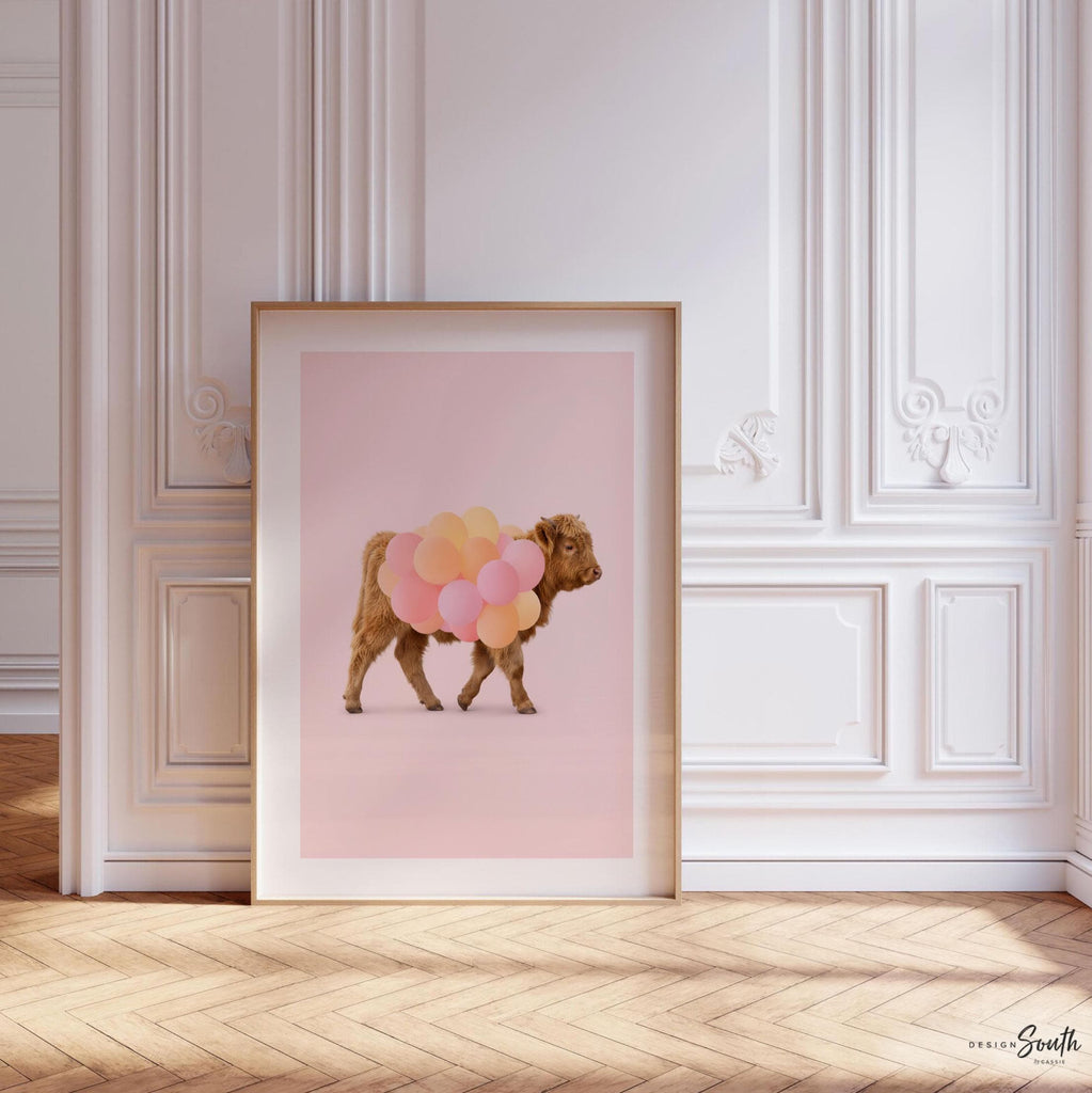 Chic Highland Cow Wall Art Print – Baby Cow with Pink & Orange Balloons – Girl Nursery or Playroom Décor