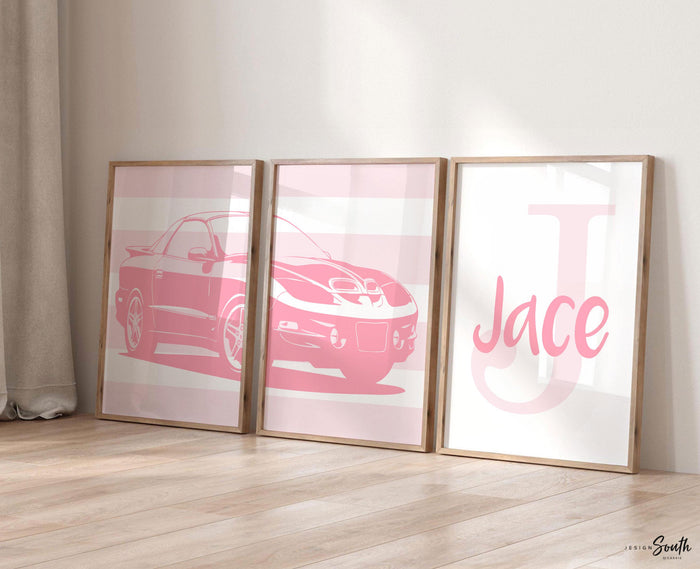 Pink Pontiac Trans Am Prints – Personalized Nursery Wall Art, Set of 3