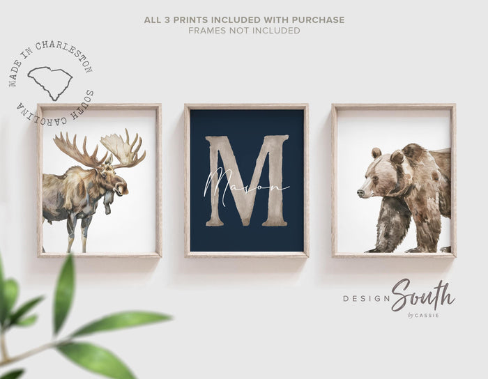 Personalized Woodland Nursery Art: Watercolor Moose and Bear Prints (Set of 3)