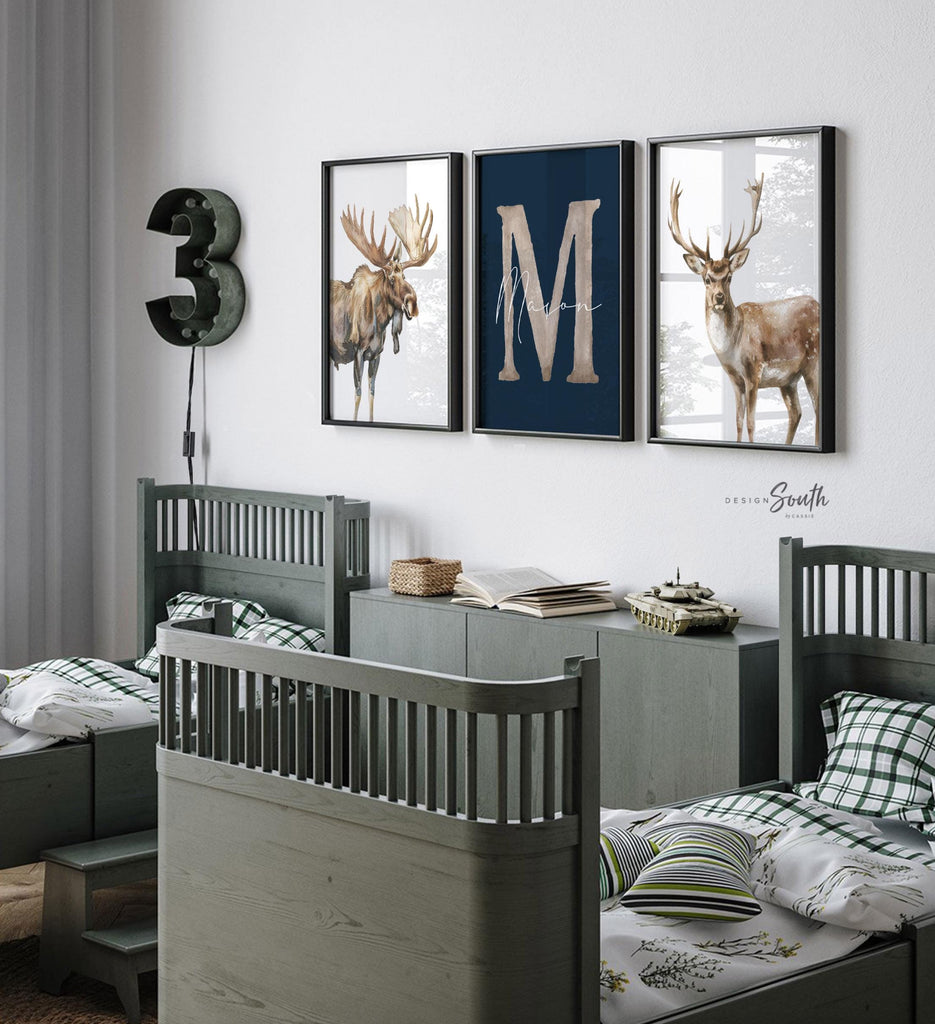 Personalized Woodland Nursery Art: Watercolor Moose and Deer Prints (Set of 3)