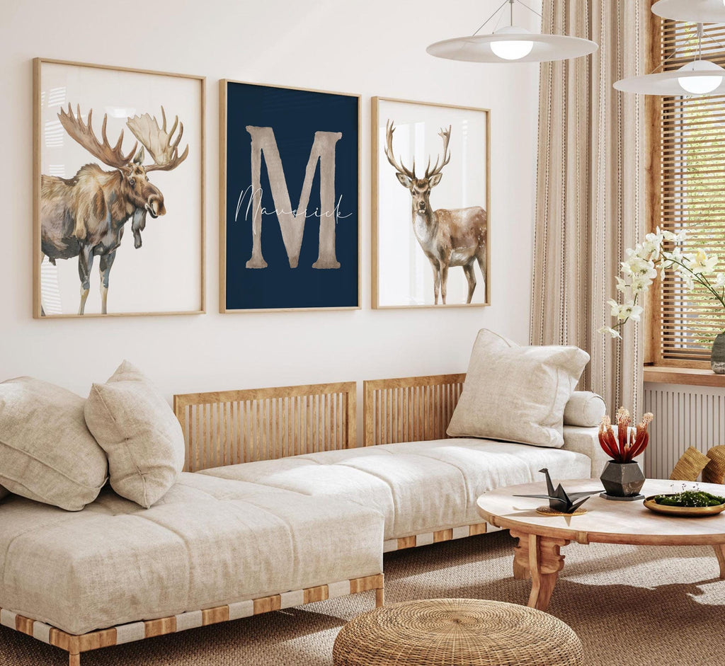 Personalized Woodland Nursery Art: Watercolor Moose and Deer Prints (Set of 3)