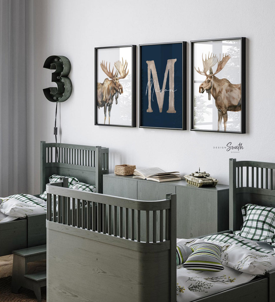 Personalized Moose Nursery Art: Watercolor Moose Prints, Rustic Boy Decor (Set of 3)