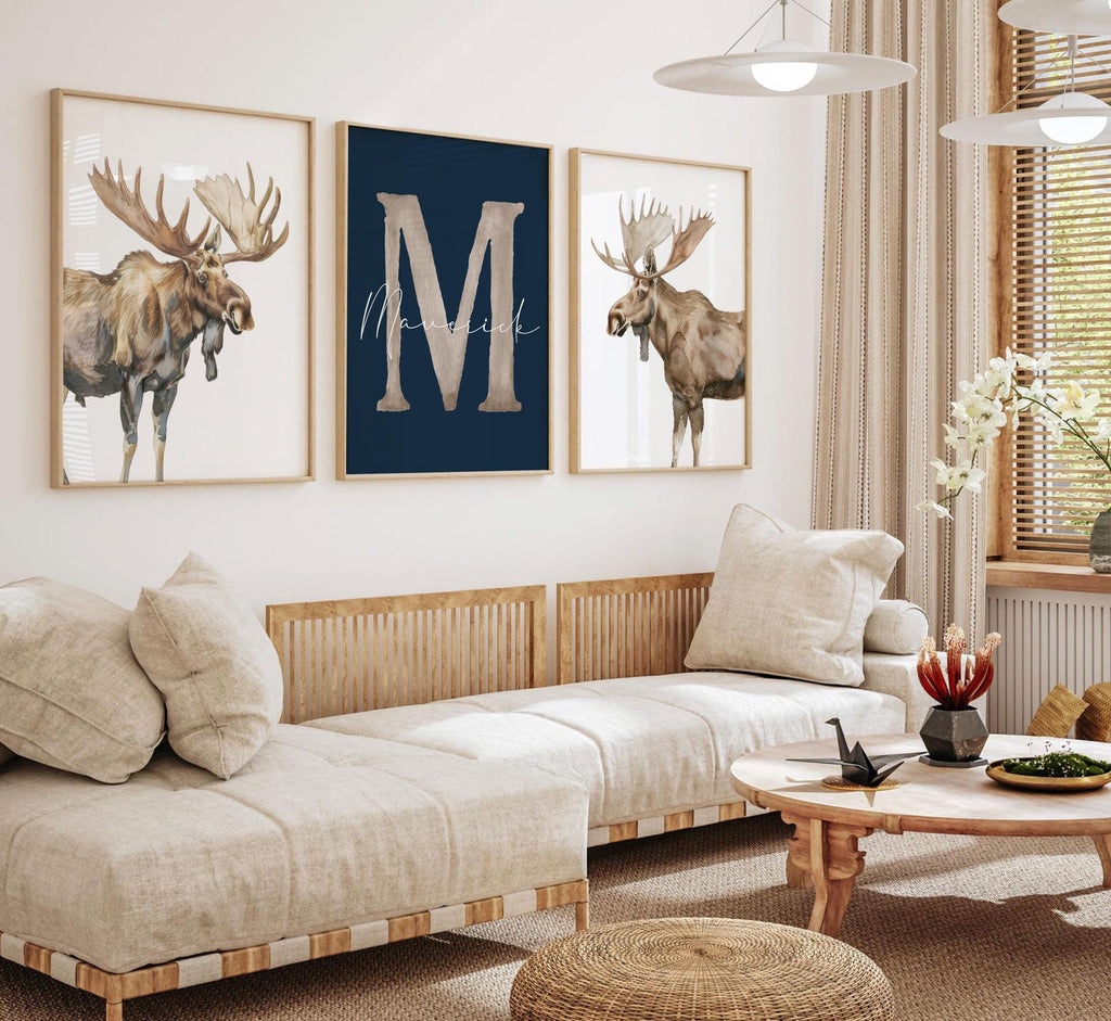 Personalized Moose Nursery Art: Watercolor Moose Prints, Rustic Boy Decor (Set of 3)