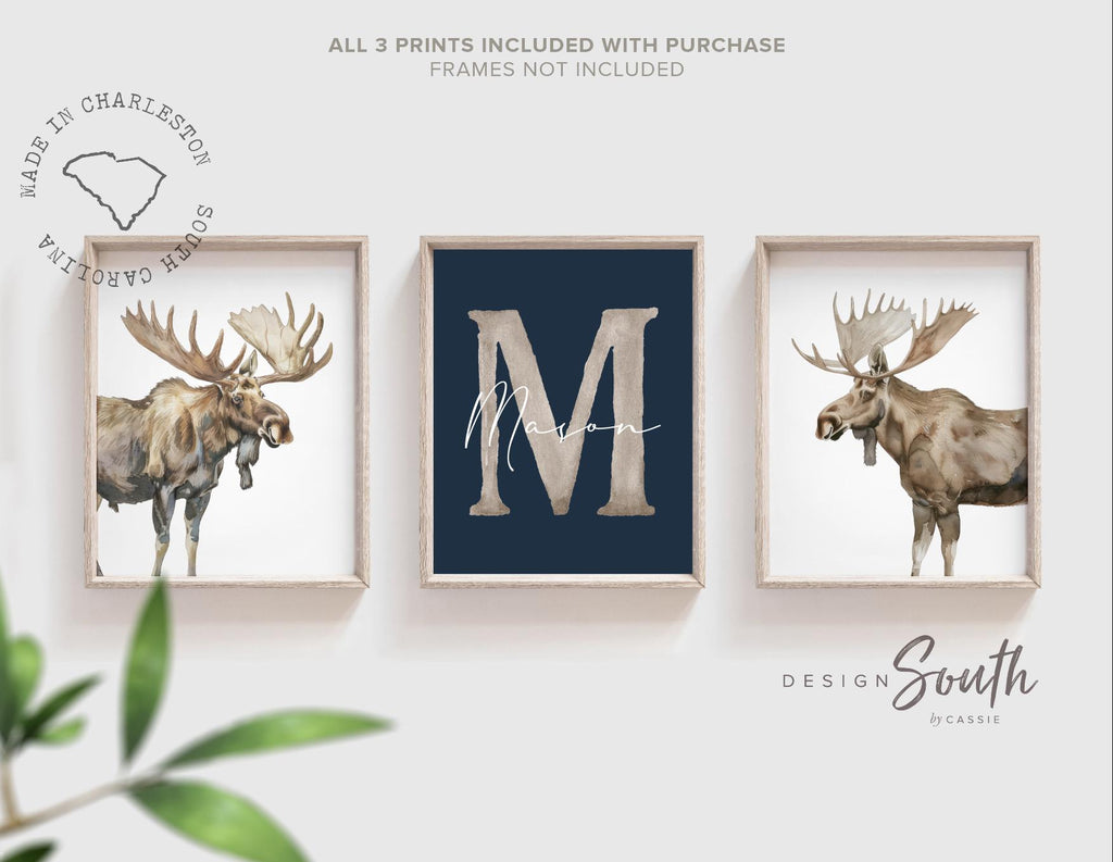Personalized Moose Nursery Art: Watercolor Moose Prints, Rustic Boy Decor (Set of 3)