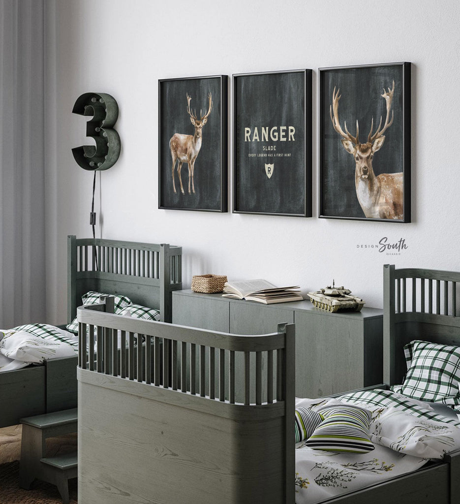Personalized Woodland Buck Art Prints – Boys Hunting Nursery Decor – “Every Legend Has a First Hunt” Quote Set