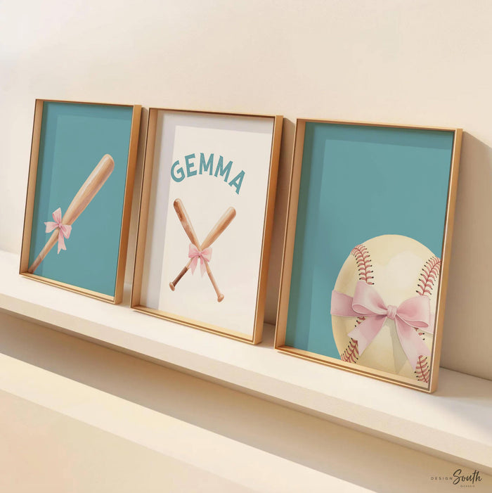 Custom Name Softball Print Set – Pastel Girl Nursery Decor