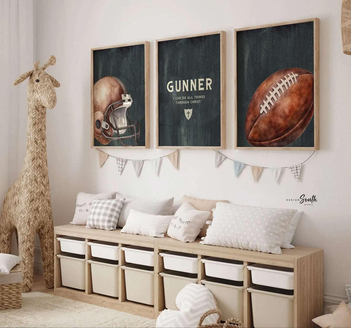 Personalized Football Nursery Art Prints, Christian Boy Room Decor