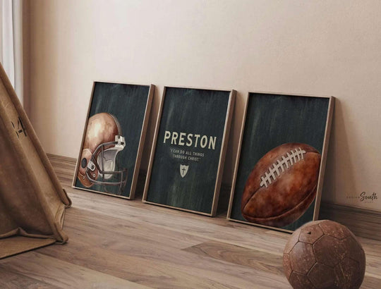 Set of Football Wall Art Prints, Personalized Boy Nursery Decor, Football Helmet, Christian Sports Art, “I Can Do All Things Through Christ”