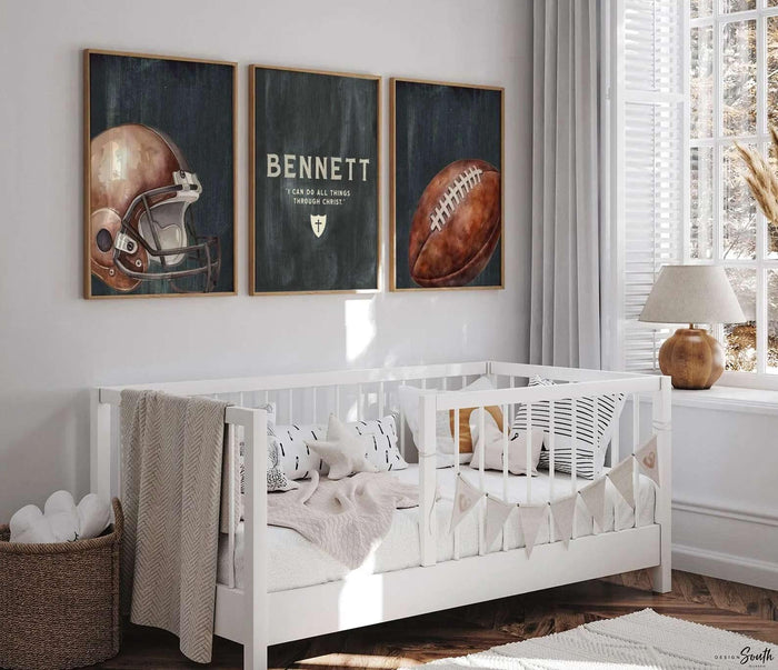 Personalized Football Nursery Art Prints, Christian Boy Room Decor