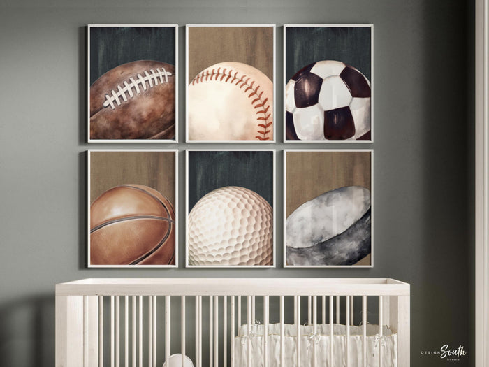 Sports Ball Art Prints – Industrial Style Nursery Decor, Set of 6