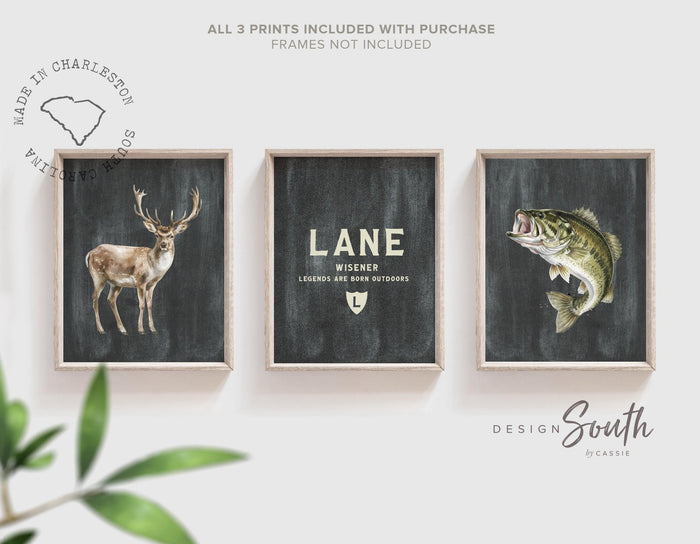 Personalized Buck Deer & Bass Fish Nursery Wall Art Set of 3 – Little Boys Hunting Fishing Hunter Bedroom Prints