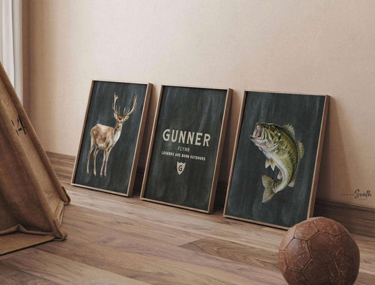 Personalized Buck Deer & Bass Fish Nursery Wall Art Set of 3 – Little Boys Hunting Fishing Hunter Bedroom Prints