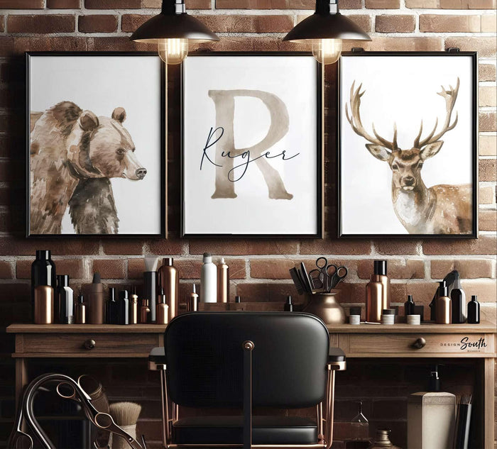 Personalized Woodland Animal Nursery Prints – Bear & Deer Set of 3 Boy Bedroom Wall Art