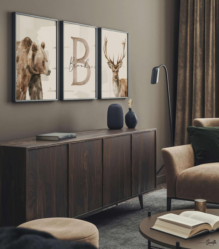 Personalized Woodland Animal Nursery Prints – Bear & Deer Set of 3 Boy Bedroom Wall Art