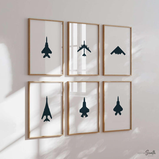 Set of 6 Military Jet Prints – F15, F22, F35, B1, B2, B52 Nursery Decor