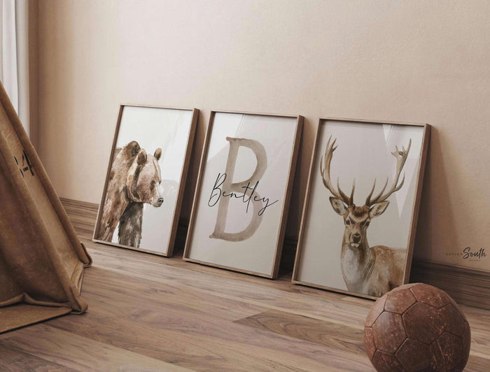 Personalized Woodland Animal Nursery Prints – Bear & Deer Set of 3 Boy Bedroom Wall Art